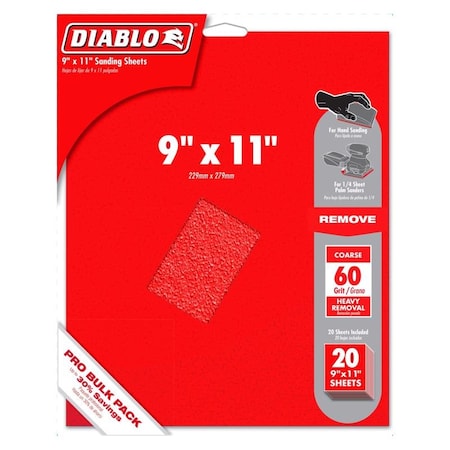 Diablo Diablo 11 in. L X 9 in. W 60 Grit Aluminum Oxide Sanding Sheet 20 pk DCS911060S20G